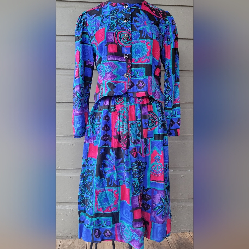 1980s Special Effects colorful abstract women's skirt set. Size 10. 100% rayon